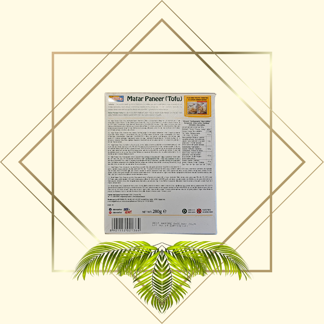 Ashoka Matar Paneer (Tofu) 280g – Fertiggericht mit Erbsen & Tofu in würziger Currysoße | Vegan | Ready to Eat | Fertiggericht